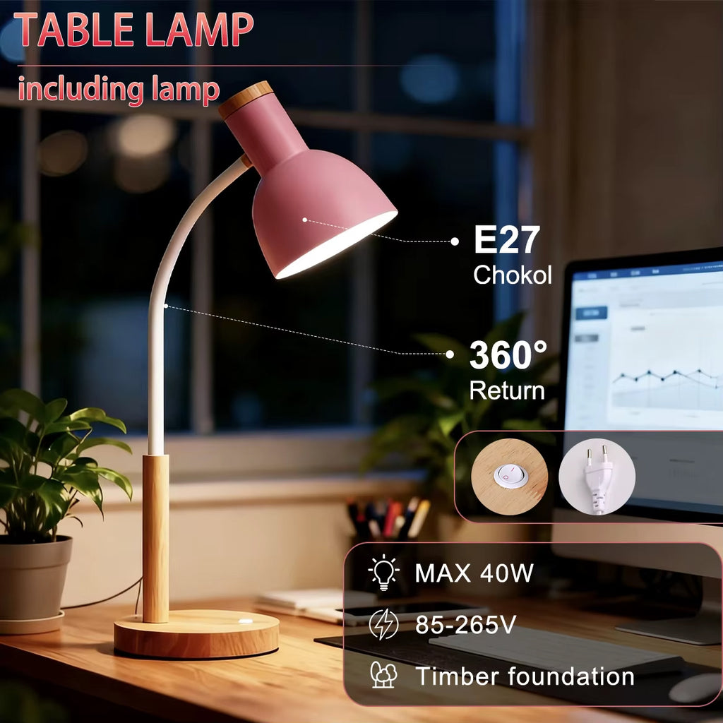 Lampe de Chevet Abat Jour Rose et Pied en Bois
