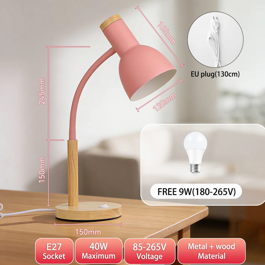 Lampe de Chevet Abat Jour Rose et Pied en Bois
