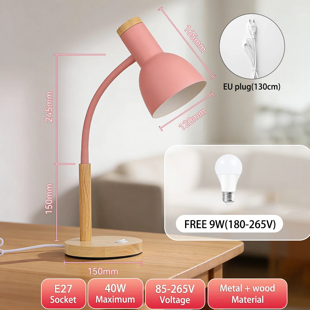 Lampe de Chevet Abat Jour Rose et Pied en Bois