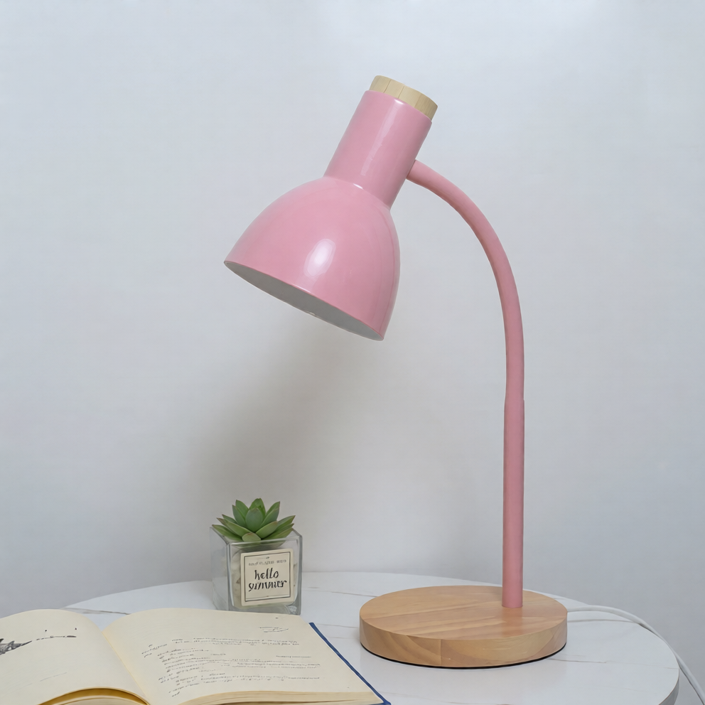 Lampe de Chevet Abat Jour Rose et Pied en Bois